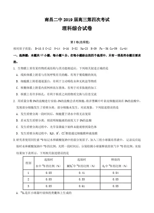 江西省南昌市第二中学2019届高三上学期第四次月考理科综合试卷含答案