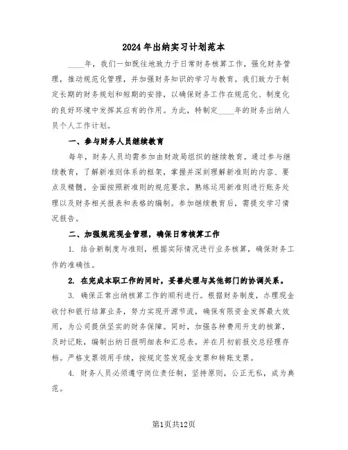2024年出纳实习计划范本(6篇)