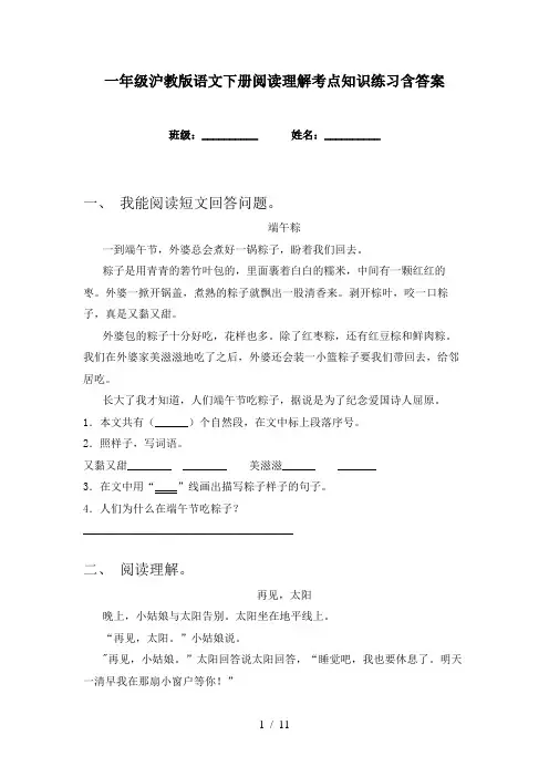 一年级沪教版语文下册阅读理解考点知识练习含答案
