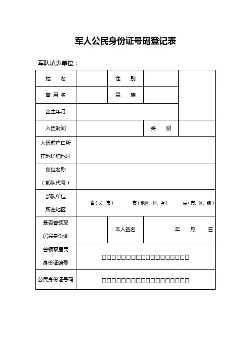 军人公民身份证号码登记表