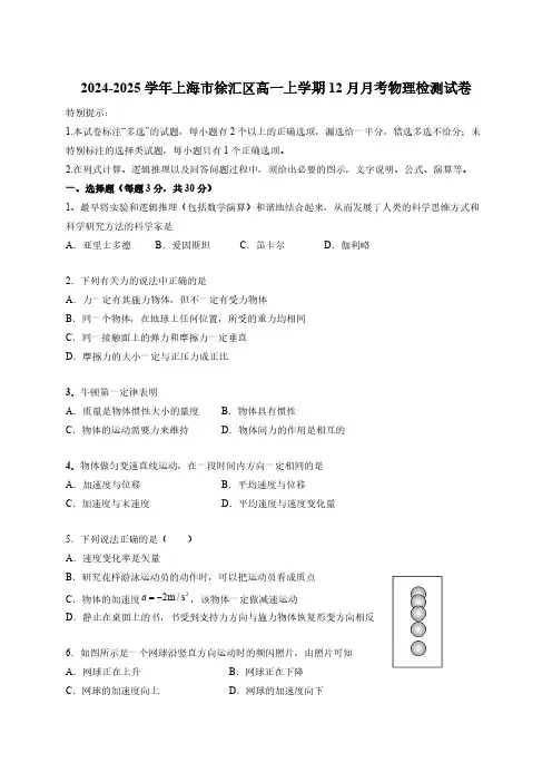 2024-2025学年上海市徐汇区高一上学期12月月考物理检测试卷(含答案)