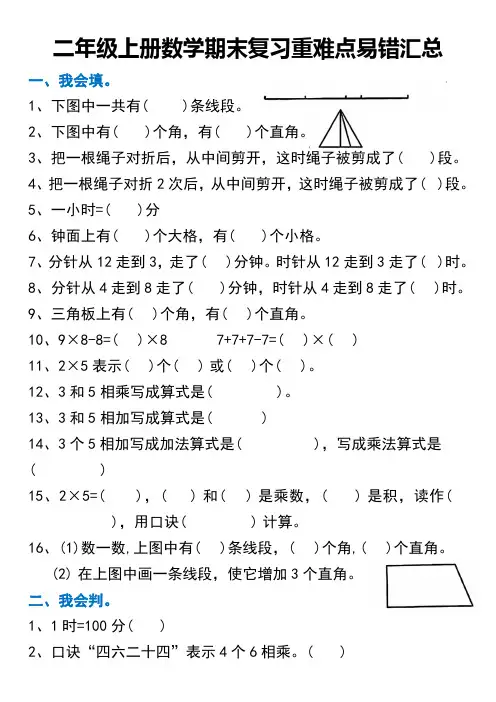 二年级上册数学期末复习重难点易错汇总20241113