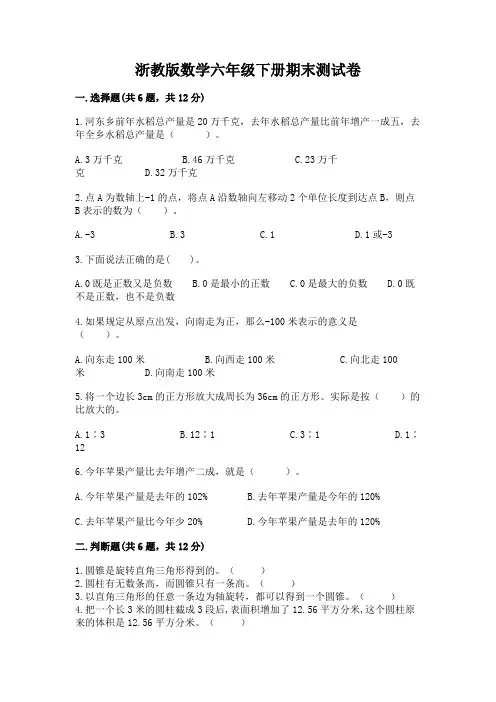 浙教版数学六年级下册期末测试卷附参考答案(a卷)