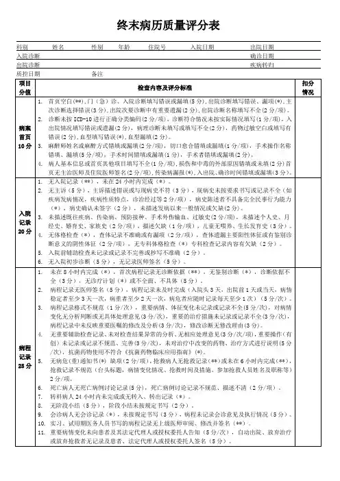 病历质量评分表(终末)