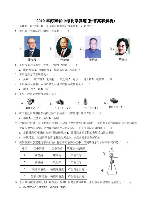 2019年海南省中考化学试题(附答案和解析)