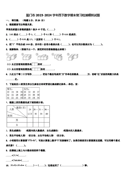 厦门市2023-2024学年四下数学期末复习检测模拟试题含解析