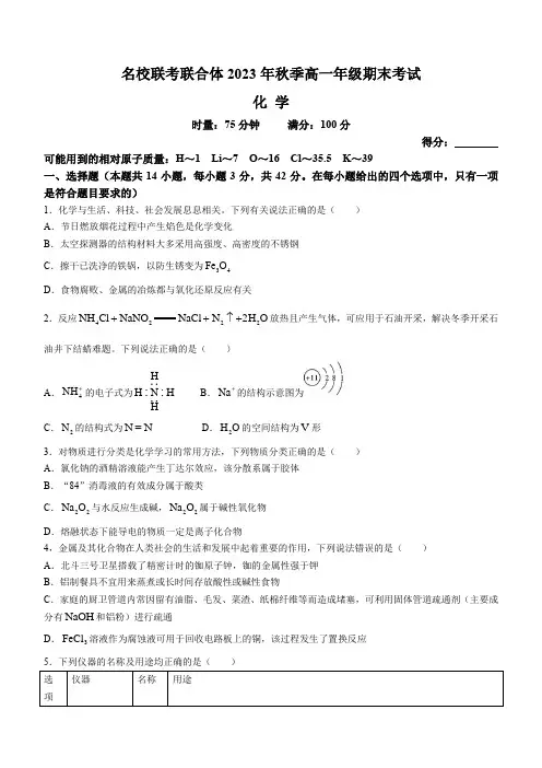 湖南省名校联考联合体2023-2024学年高一上学期期末考试化学试题