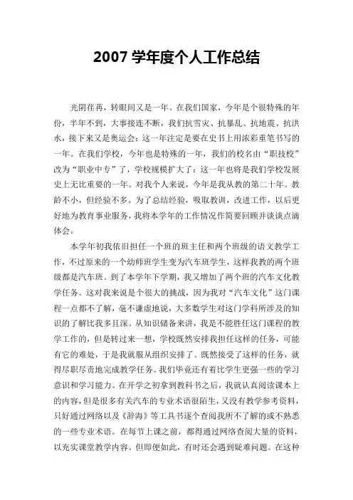 2007学年度个人工作总结