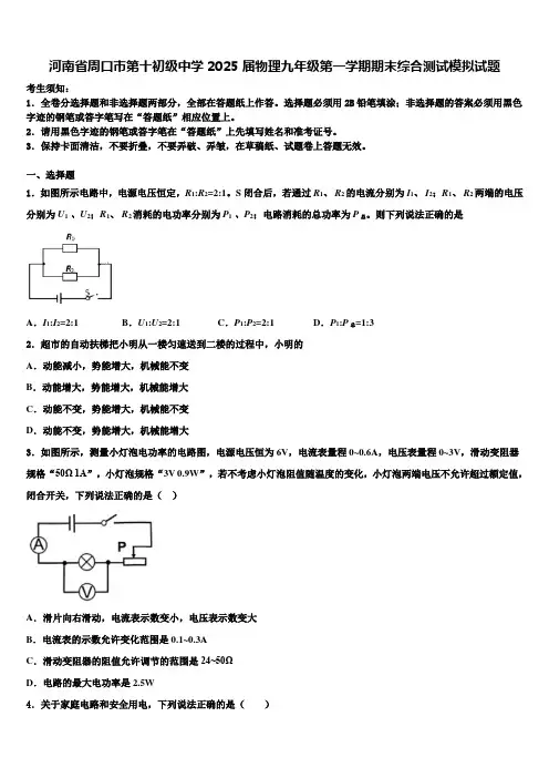 河南省周口市第十初级中学2025届物理九年级第一学期期末综合测试模拟试题含解析