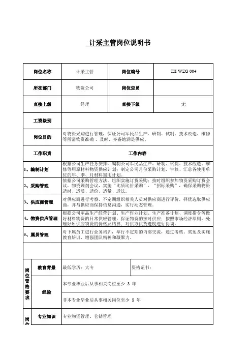 岗位职责-计采主管岗位说明书 精品