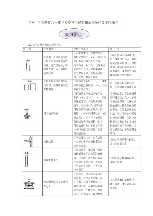中考化学专题复习化学实验常用仪器和基本操作及实验探究