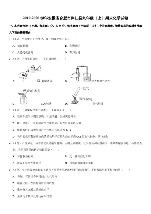 2019-2020学年安徽省合肥市庐江县九年级(上)期末化学试卷
