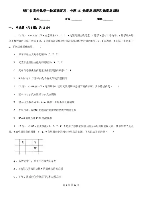 浙江省高考化学一轮基础复习：专题15 元素周期表和元素周期律