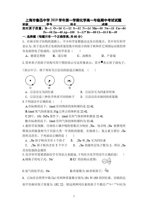 上海市鲁迅中学2019学年第一学期化学高一年级期中考试试题