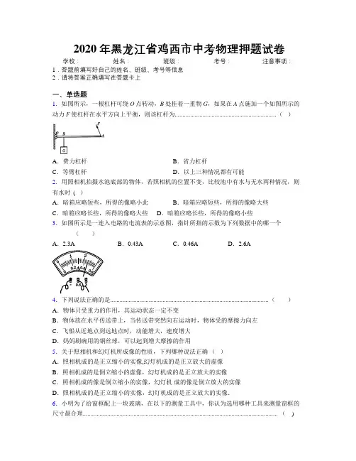 2020年黑龙江省鸡西市中考物理押题试卷附解析