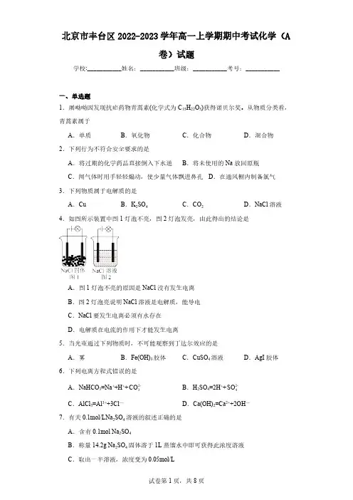 北京市丰台区2022-2023学年高一上学期期中考试化学(A卷)试题(含解析)