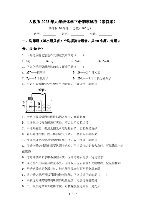 人教版2023年九年级化学下册期末试卷(带答案)