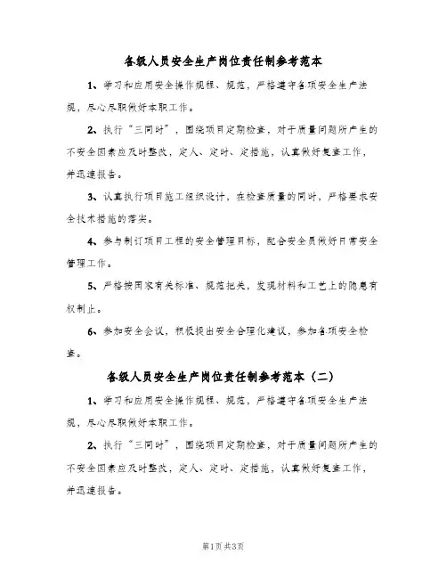 各级人员安全生产岗位责任制参考范本(三篇)