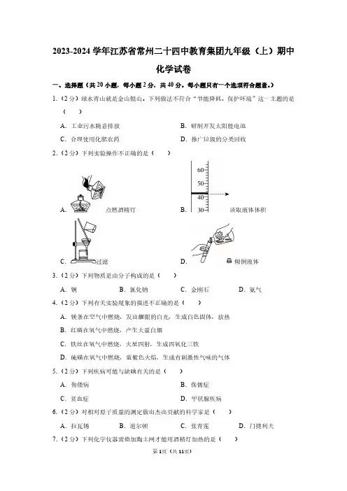 2023-2024学年江苏省常州二十四中教育集团九年级(上)期中考试化学试卷及解析