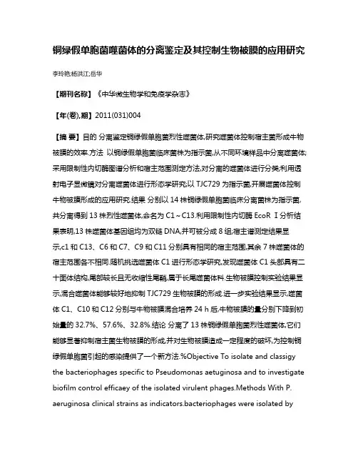 铜绿假单胞菌噬菌体的分离鉴定及其控制生物被膜的应用研究