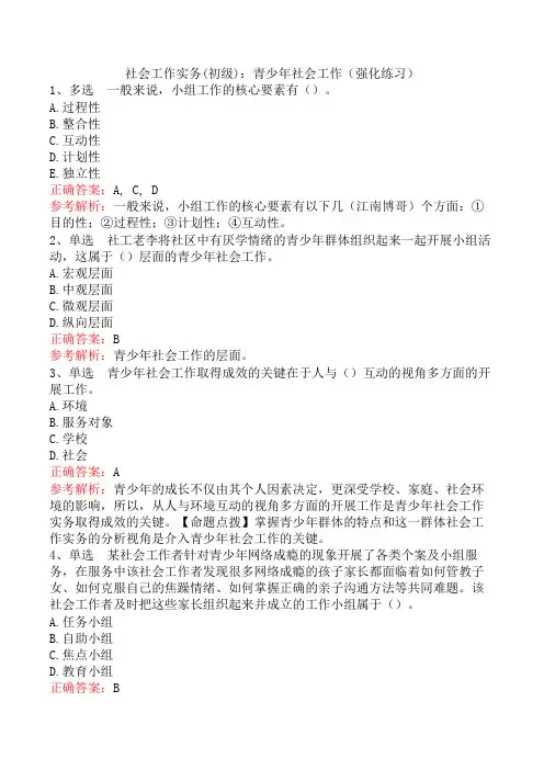 社会工作实务(初级)：青少年社会工作(强化练习)