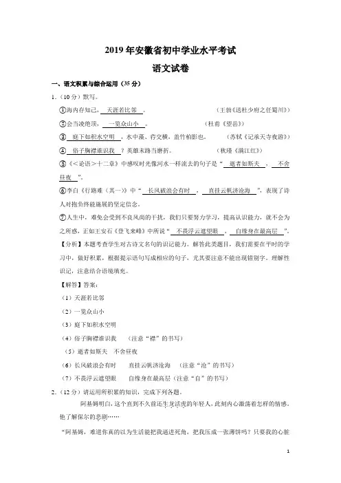 (完整word版)2019年安徽省初中学业水平考试语文试卷(解析版)