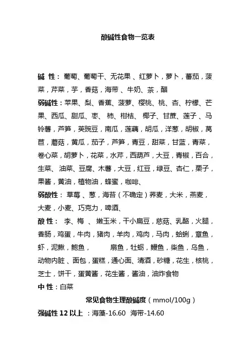 酸碱性食物一览表