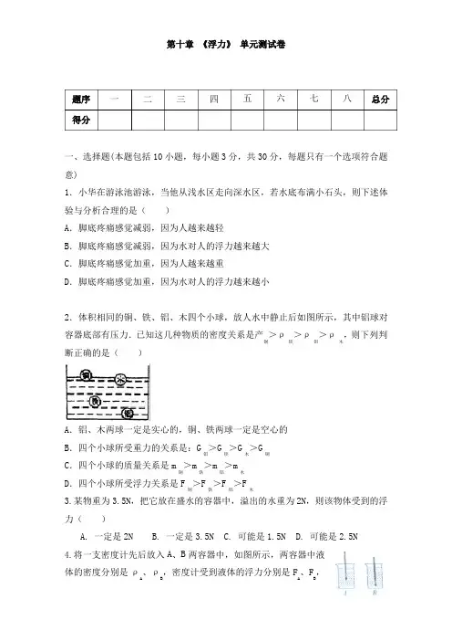 人教版八年级物理下册 第十章 《浮力》单元测试(包含答案)