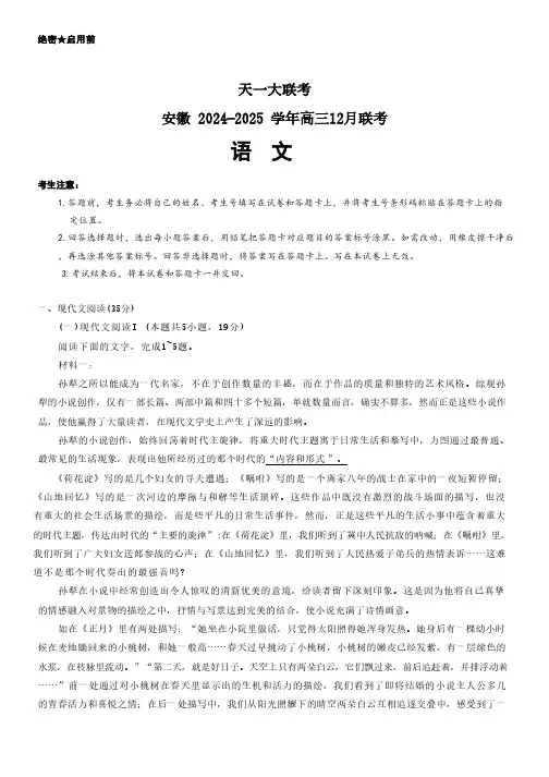 语文丨天一大联考安徽省2025届高三12月联考语文试卷及答案