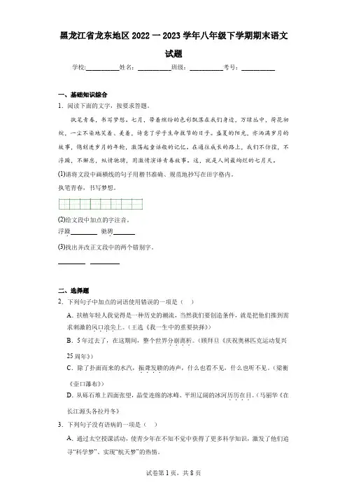黑龙江省龙东地区2022一2023学年八年级下学期期末语文试题(含答案)