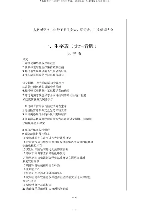 人教版语文二年级下册生字表格、词语表格、生字组词总结计划大全