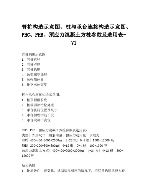 管桩构造示意图、桩与承台连接构造示意图、PHC、PHB、预应力混凝土方桩参数及选用表-V1