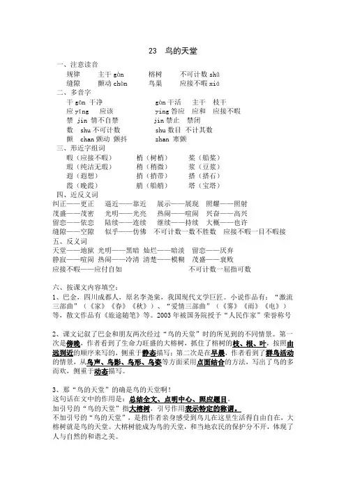 统编版五年级语文上册第23课《鸟的天堂》  知识点