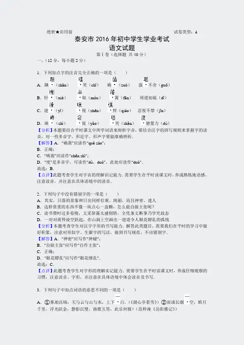 人教中考版语文-2016年山东省泰安市试卷解析版