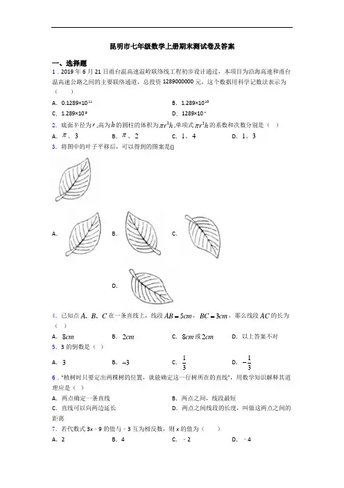 昆明市七年级数学上册期末测试卷及答案