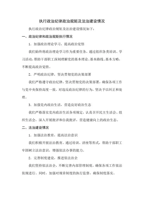 执行政治纪律政治规矩及法治建设情况