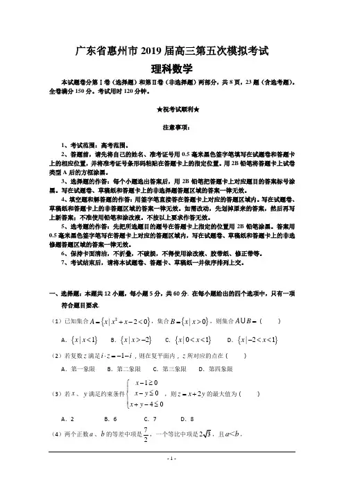 广东省惠州市2019届高三第五次模拟考试数学理试题