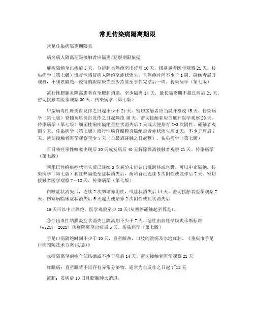 常见传染病隔离期限
