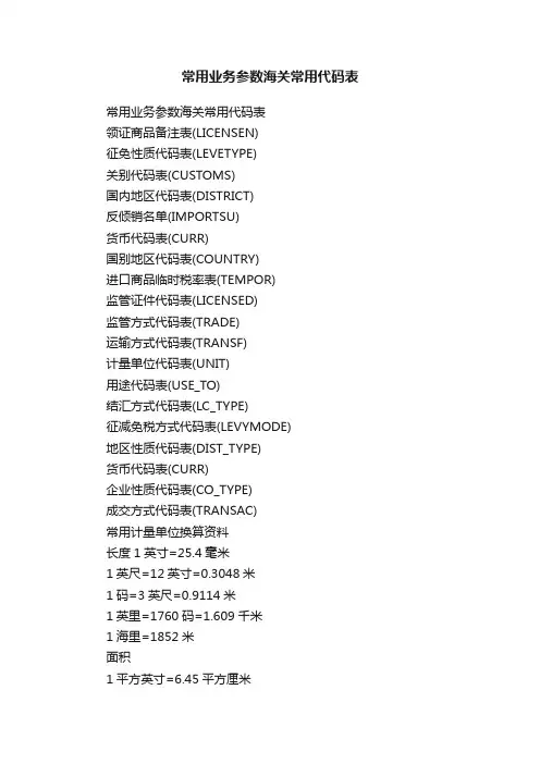 常用业务参数海关常用代码表