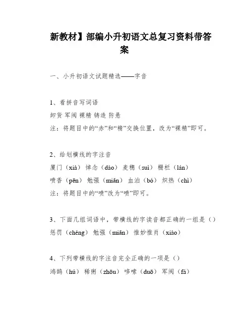 新教材】部编小升初语文总复习资料带答案
