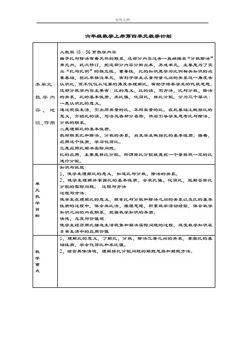 人教版六年级数学上册第四单元教案设计(集体)