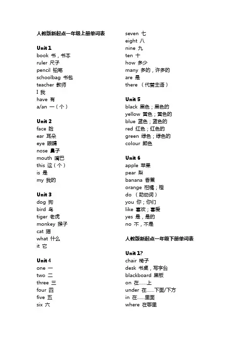 人教版新起点小学英语一起点1-6年级单词表汇总