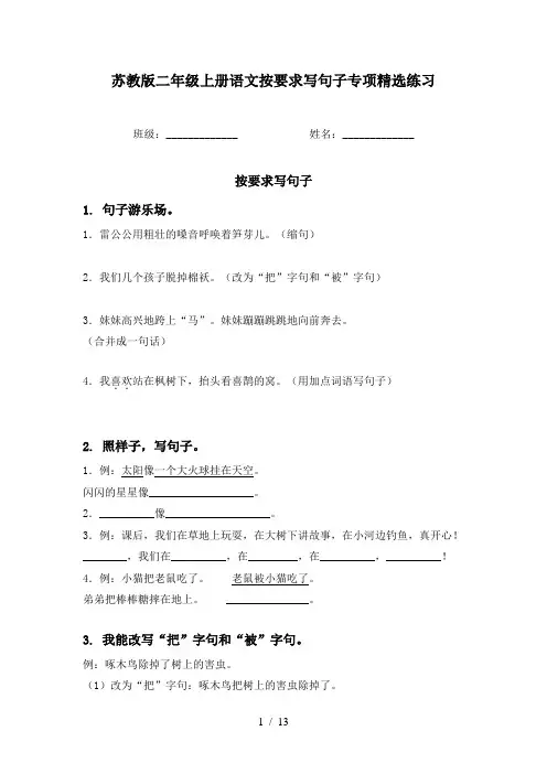 苏教版二年级上册语文按要求写句子专项精选练习