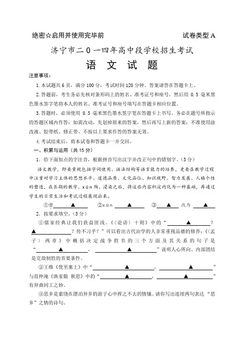 山东省济宁市2014年中考语文试题及答案