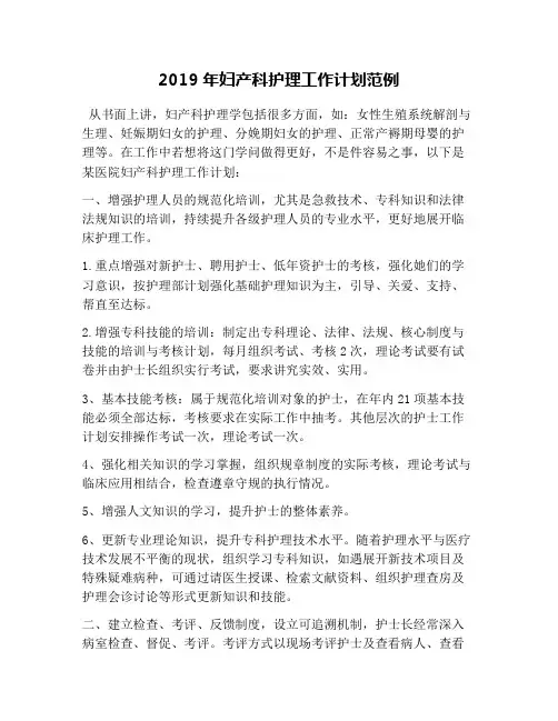 2019年妇产科护理工作计划范例
