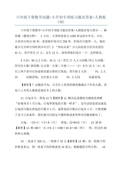 六年级下册数学试题-小升初专项练习题及答案-人教版(40)