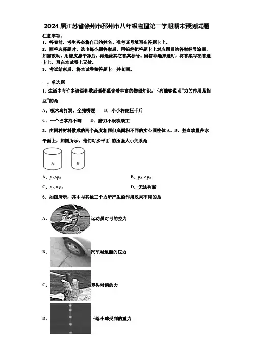 2024届江苏省徐州市邳州市八年级物理第二学期期末预测试题含解析