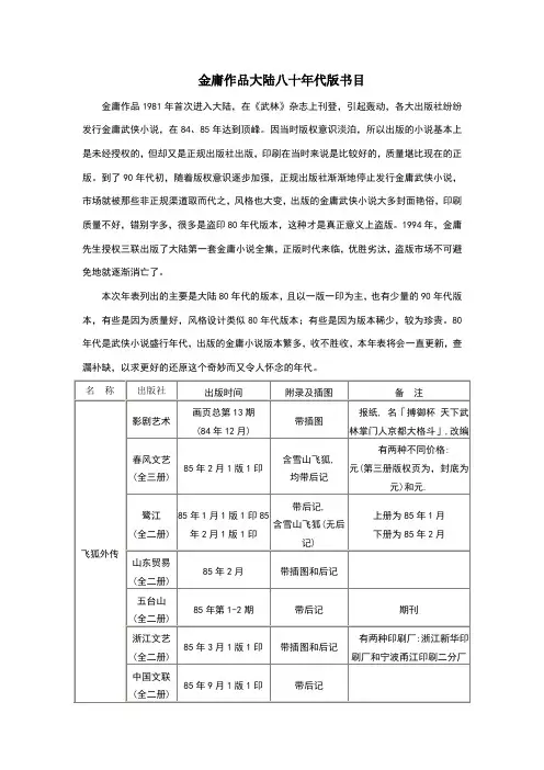 金庸作品大陆八十年代版本书目