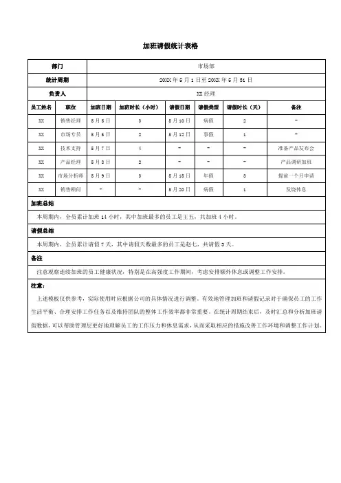 加班请假统计表格