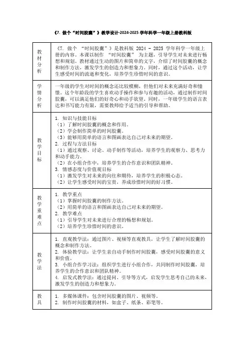 《7. 做个“时间胶囊”》教学设计-2024-2025学年科学一年级上册教科版